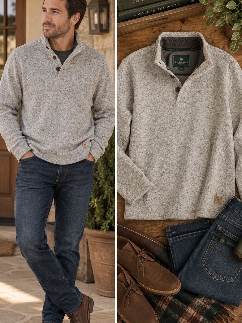 G.H. Bass & Co. Men’s Heritage Quarter Zip Pullover Gray Beige Fleece Lined